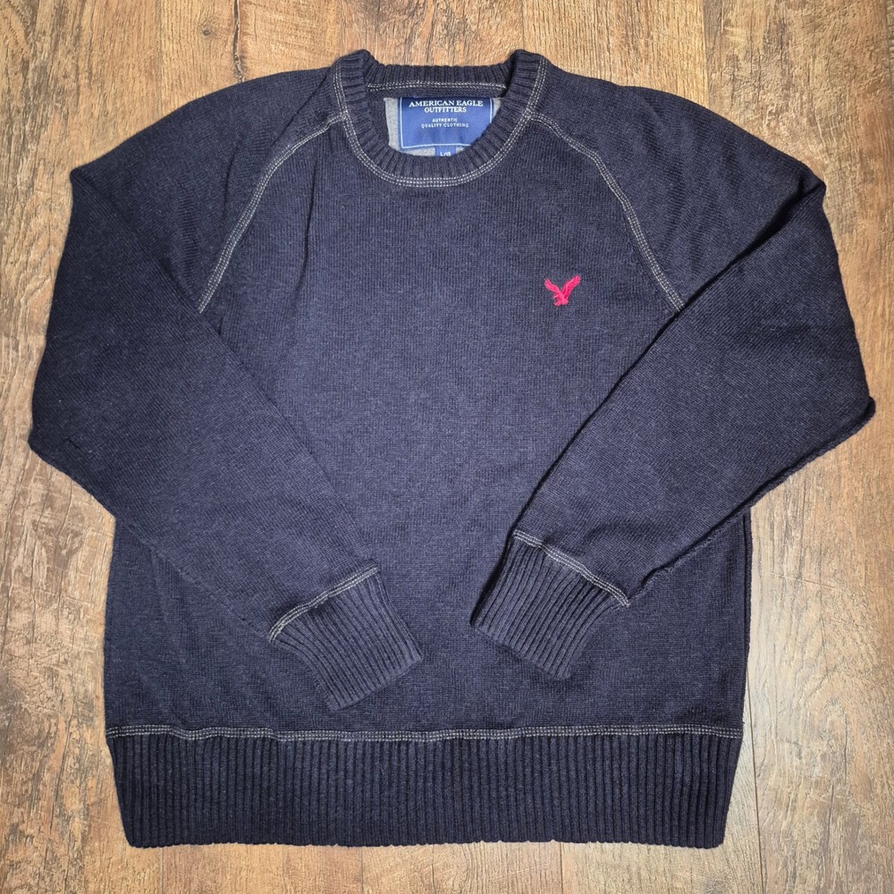 American Eagle Crewneck Sweater Mens Large Navy Blue Cotton Raglan Pullover Logo